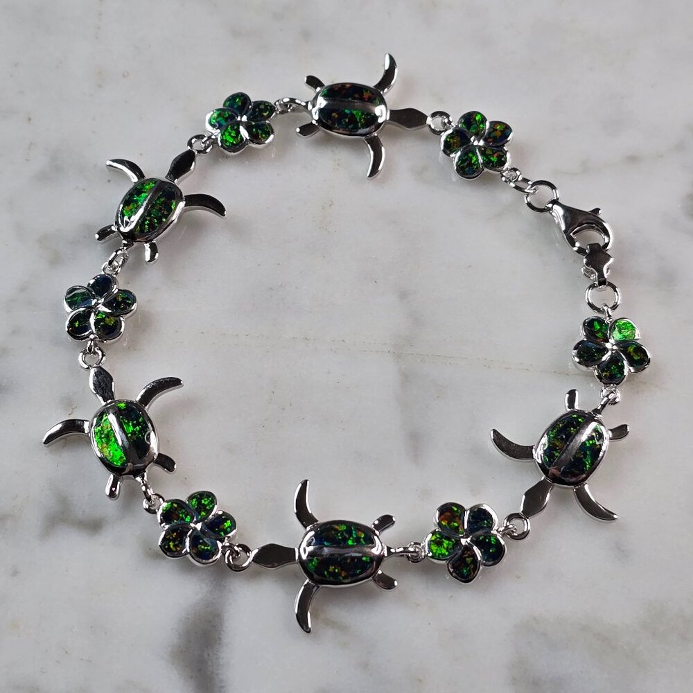 Womens Estate Sterling Silver Opal Sea Turtle Bracelet 10.1g E7301